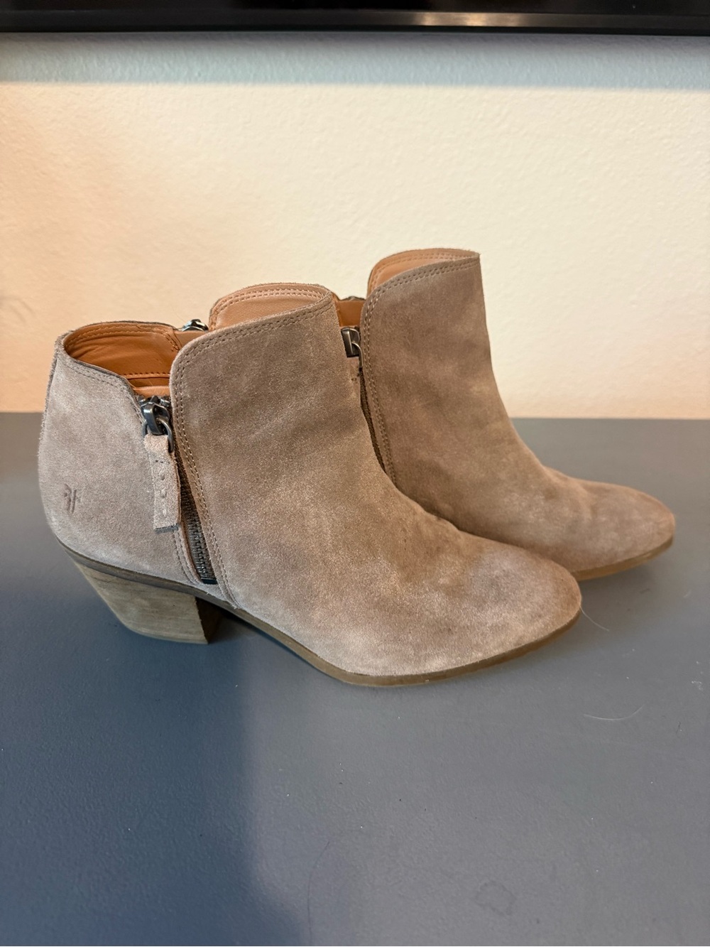 Frye Taupe Suede Ankle Booties with Side Zipper